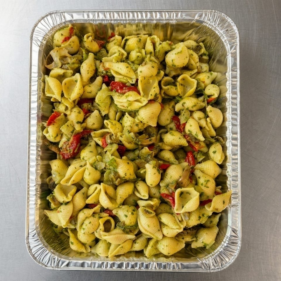Pasta salad with shell pasta, pesto, roasted red peppers, and vegetables in a foil catering pan.