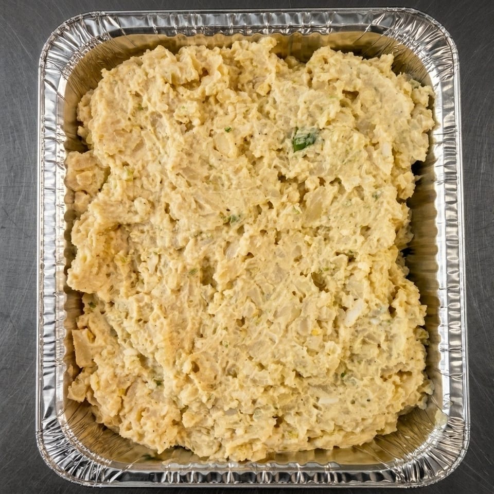 Creamy potato salad with green specks in a large aluminum catering pan.